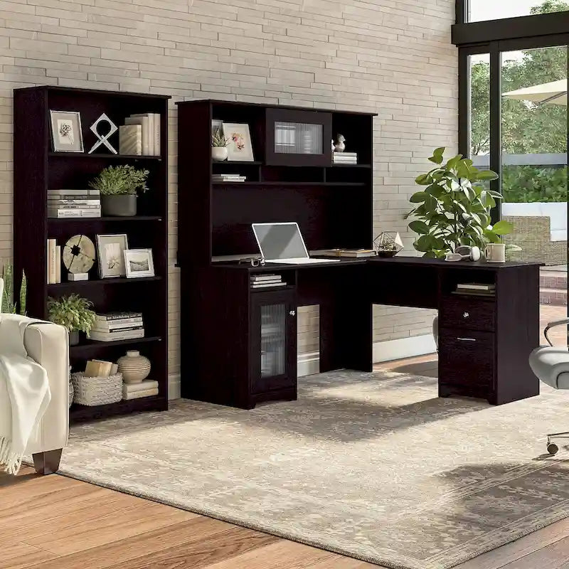 60W L-Desk with and 5 Shelf Bookcase by