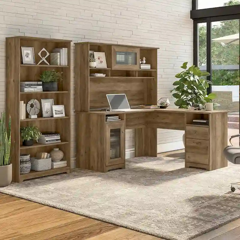 60W L-Desk with and 5 Shelf Bookcase by