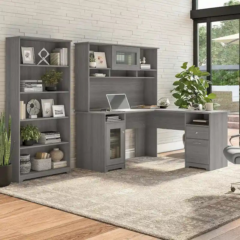 60W L-Desk with and 5 Shelf Bookcase by