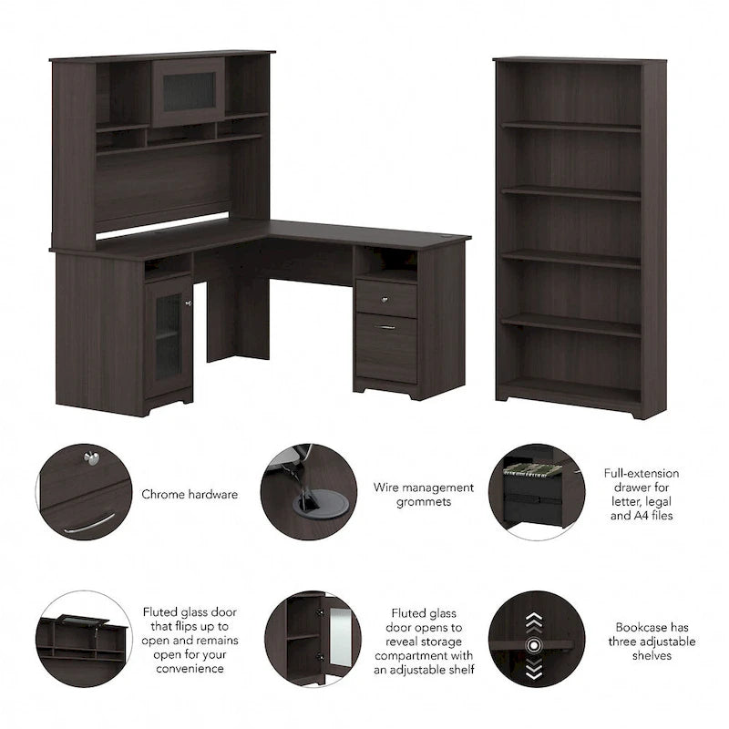 60W L-Desk with and 5 Shelf Bookcase by
