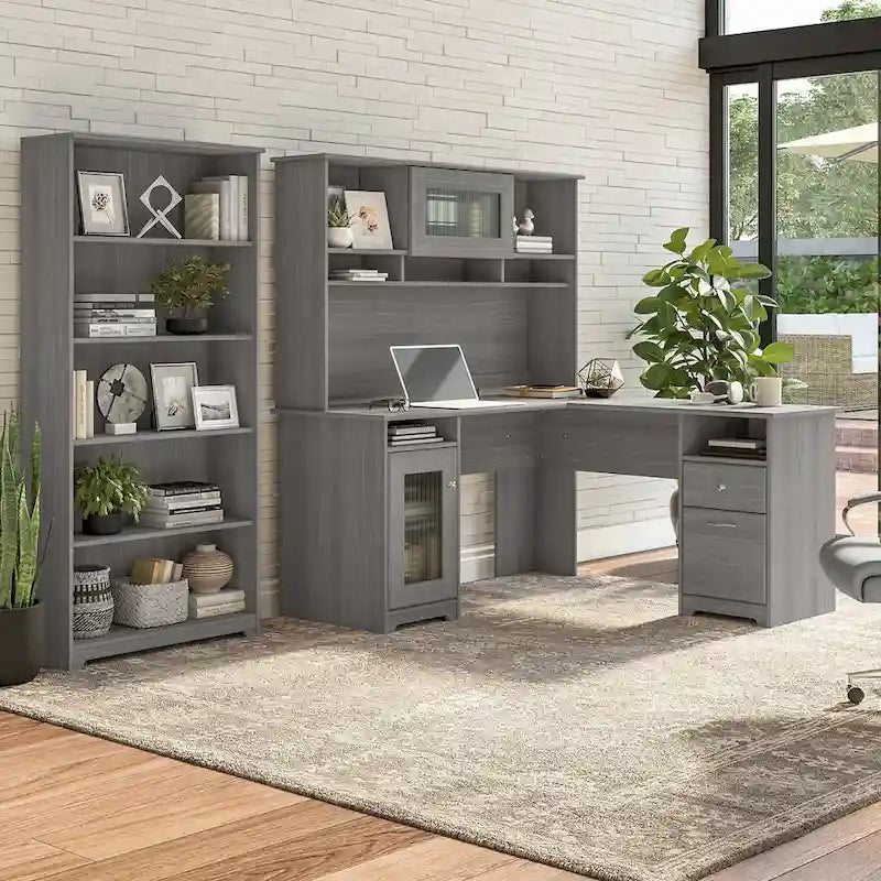 60W L-Desk with and 5 Shelf Bookcase by