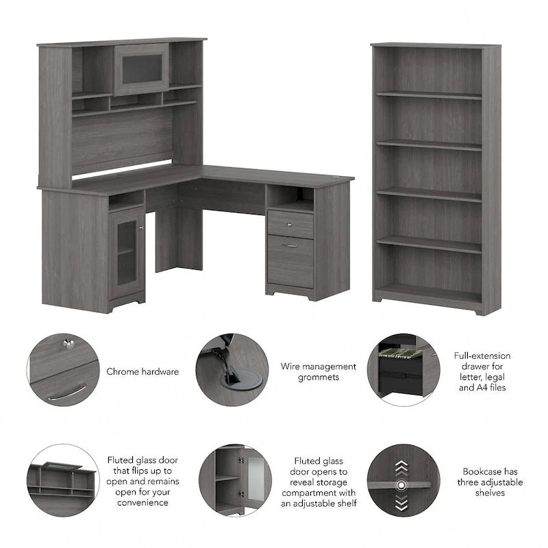 60W L-Desk with and 5 Shelf Bookcase by