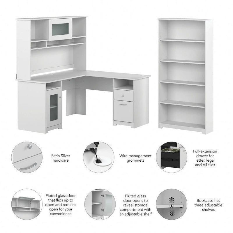 60W L-Desk with and 5 Shelf Bookcase by