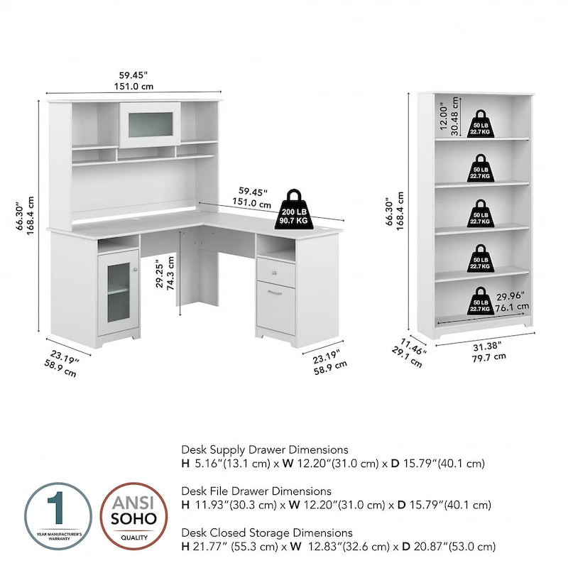 60W L-Desk with and 5 Shelf Bookcase by