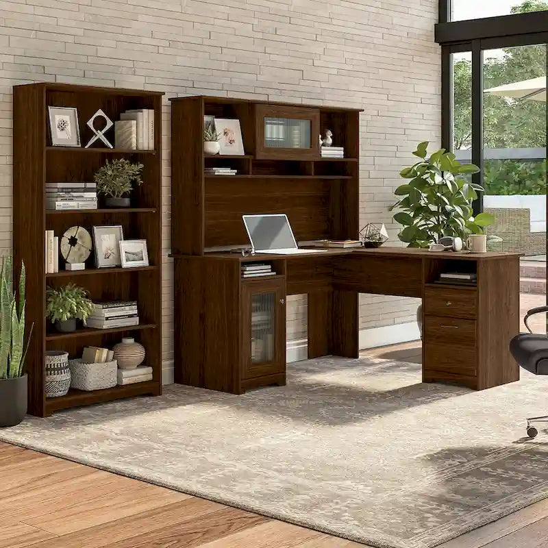 60W L-Desk with and 5 Shelf Bookcase by