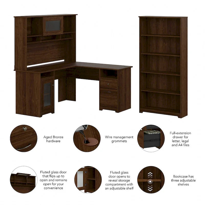 60W L-Desk with and 5 Shelf Bookcase by