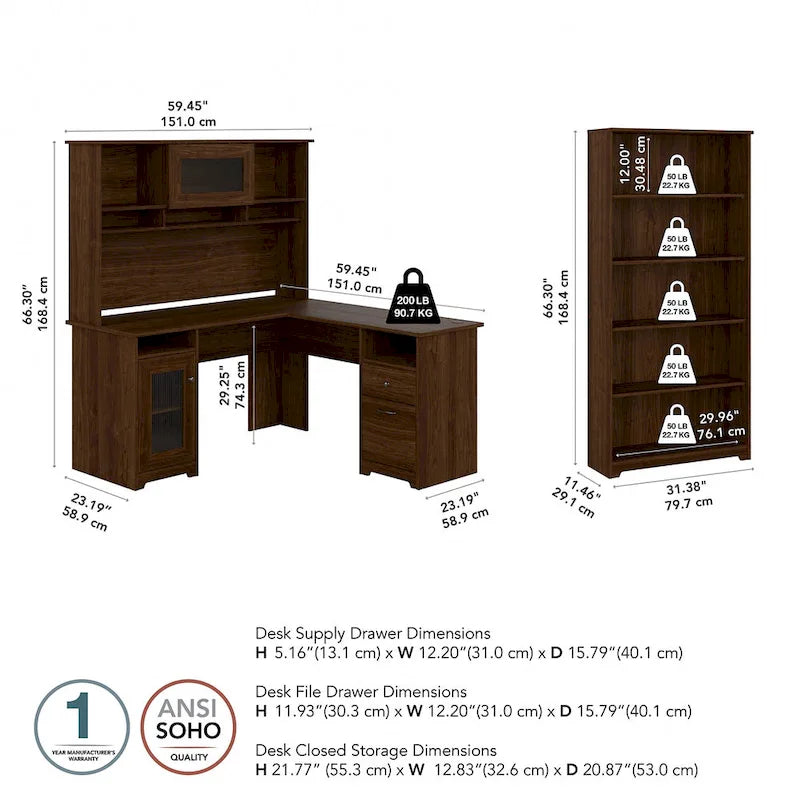 60W L-Desk with and 5 Shelf Bookcase by