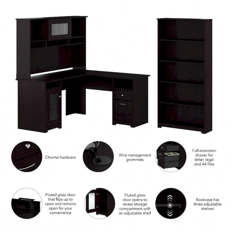 60W L-Desk with and 5 Shelf Bookcase by
