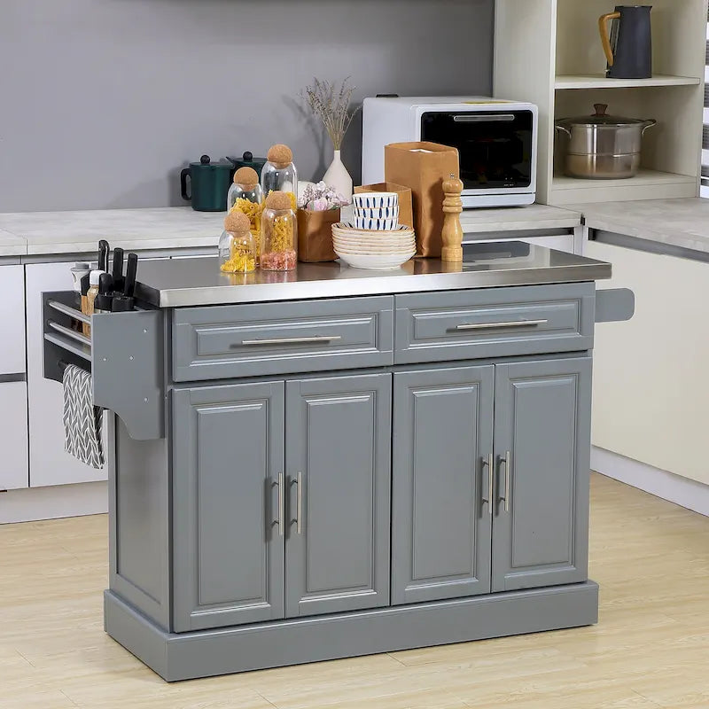 Rolling Kitchen Island with Storage, Portable Kitchen Cart with Stainless Top, Gray