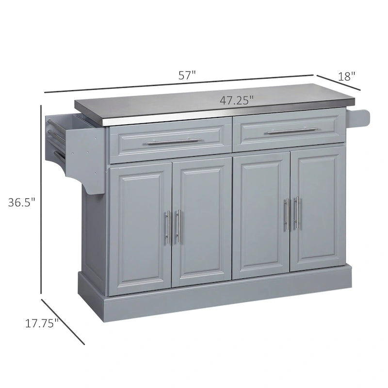 Rolling Kitchen Island with Storage, Portable Kitchen Cart with Stainless Top, Gray