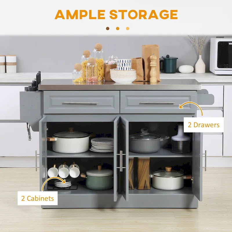 Rolling Kitchen Island with Storage, Portable Kitchen Cart with Stainless Top, Gray