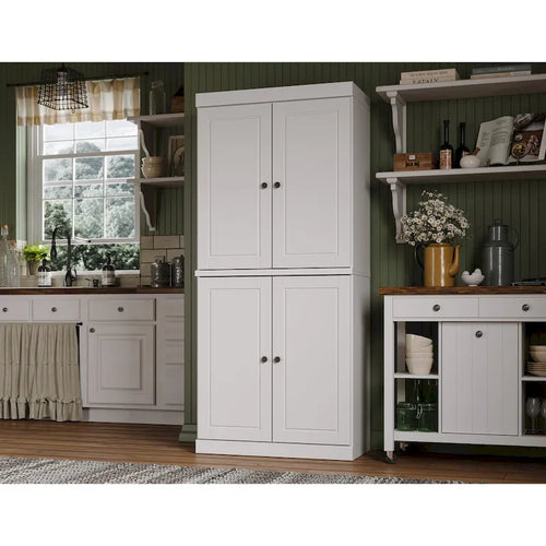 100% Pantry Cabinet with Frosted, Clear Glass or Solid Doors and Adjustable Shelves