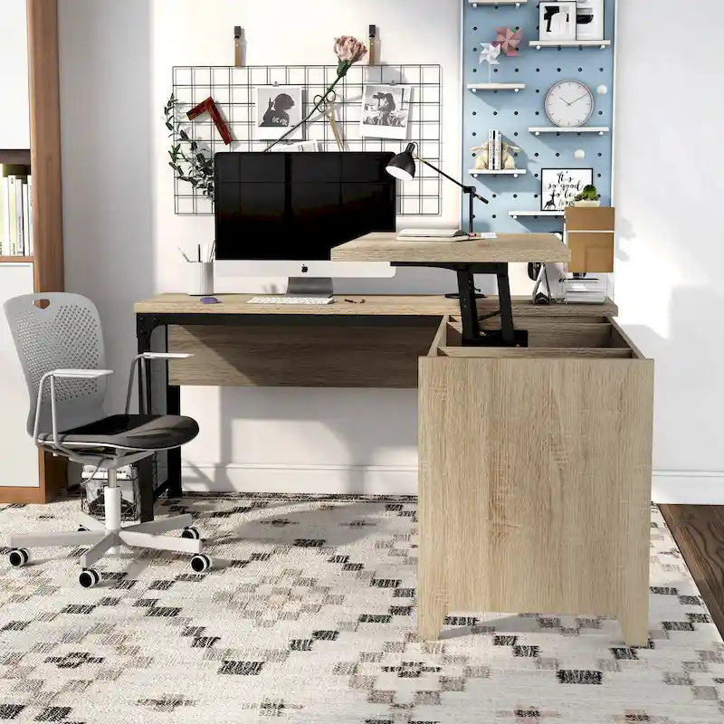 Industrial Natural 65-inch Metal L- Standing Desk by