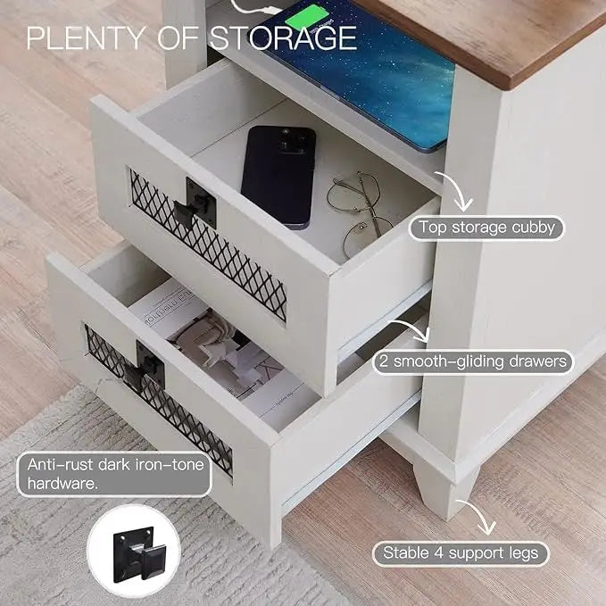 Farmhouse Nightstand with Charging Station, Table, Side Table