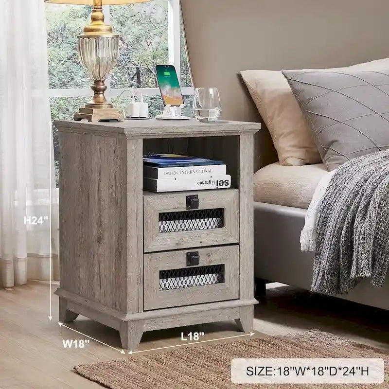 Farmhouse Nightstand with Charging Station, Table, Side Table