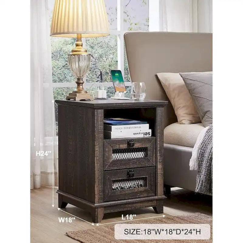 Farmhouse Nightstand with Charging Station, Table, Side Table