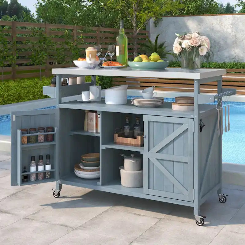 Outdoor kitchen island with rolling cart and stainless top
