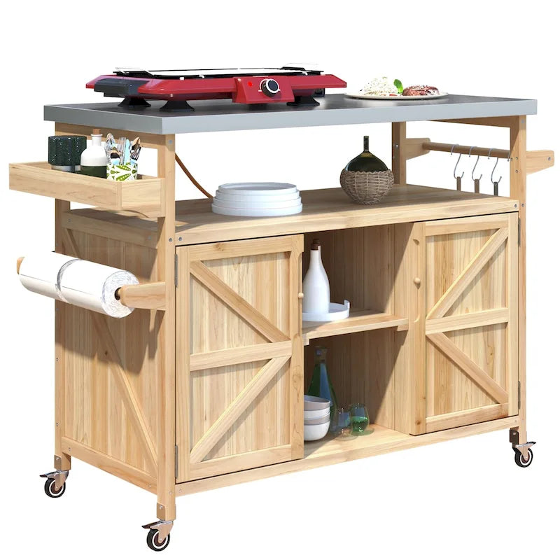 Outdoor kitchen island with rolling cart and stainless top
