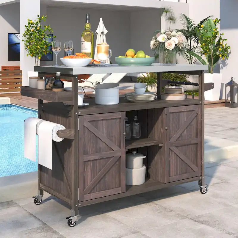 Outdoor kitchen island with rolling cart and stainless top