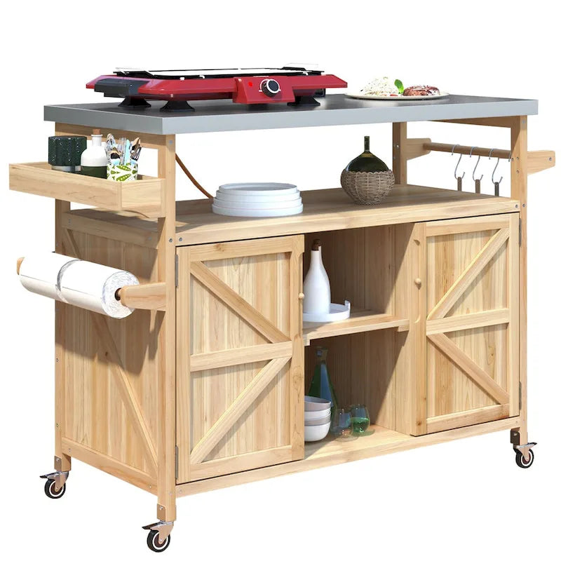 Outdoor kitchen island with rolling cart and stainless top