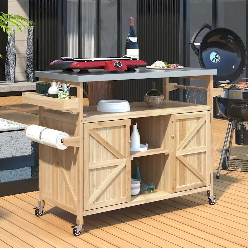Outdoor kitchen island with rolling cart and stainless top