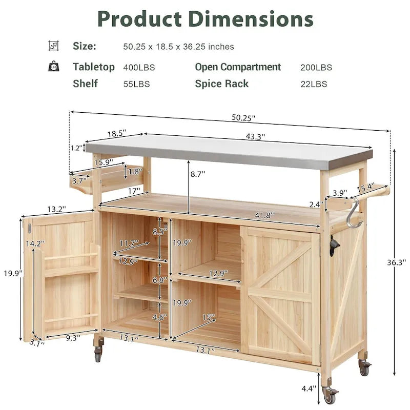 Outdoor kitchen island with rolling cart and stainless top