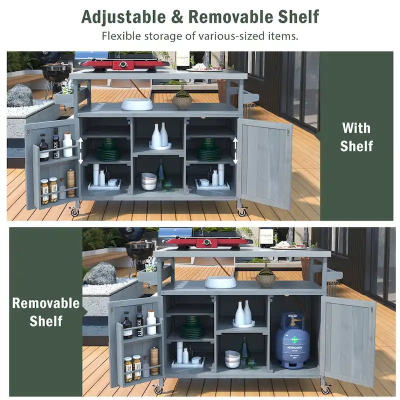 Outdoor kitchen island with rolling cart and stainless top