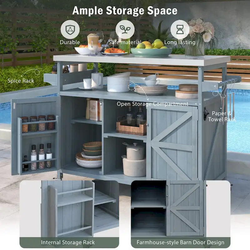Outdoor kitchen island with rolling cart and stainless top