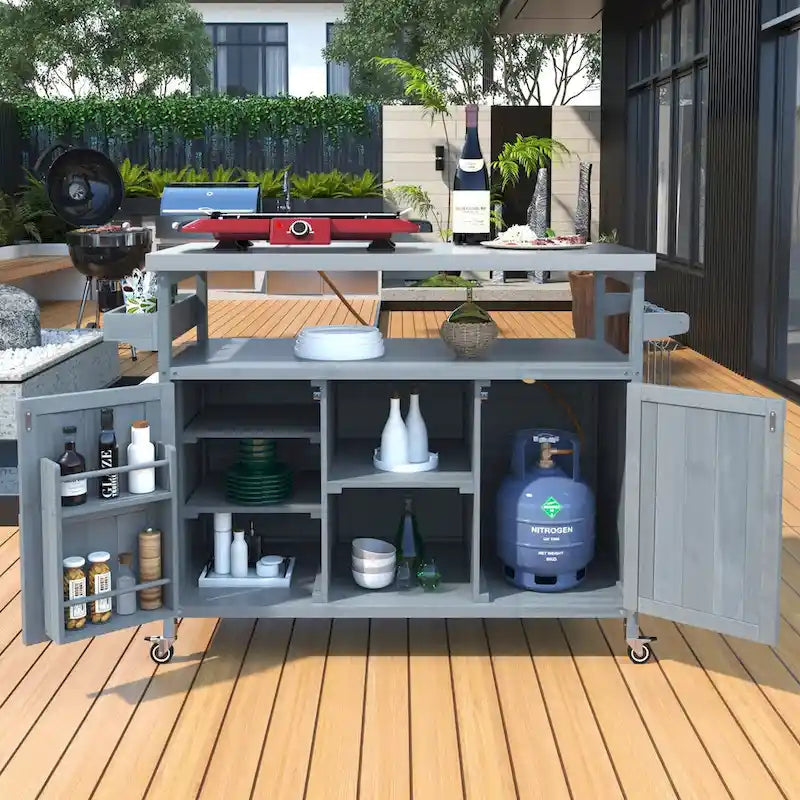 Outdoor kitchen island with rolling cart and stainless top