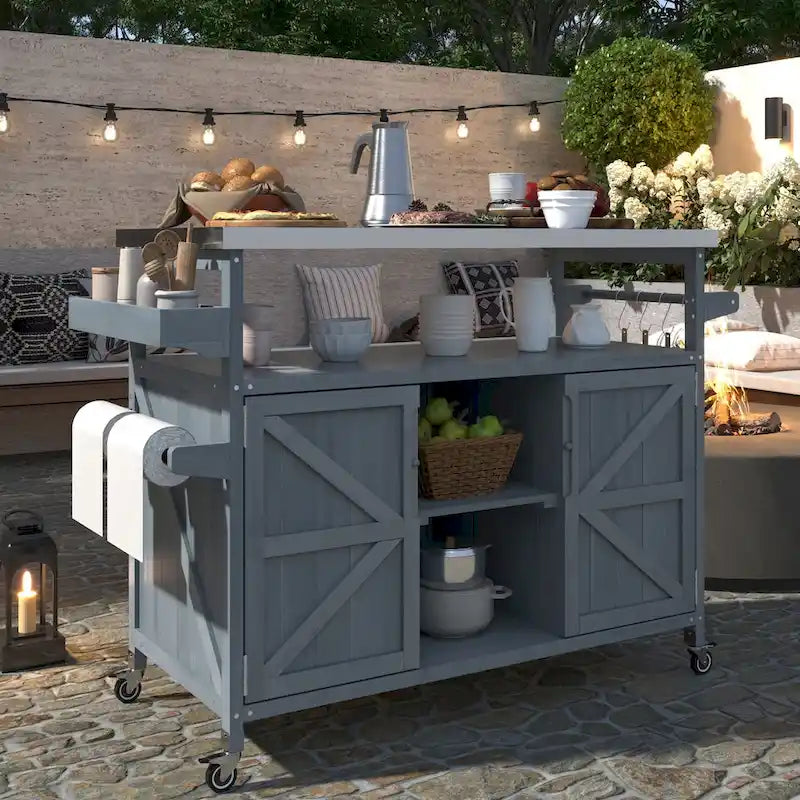 Outdoor kitchen island with rolling cart and stainless top