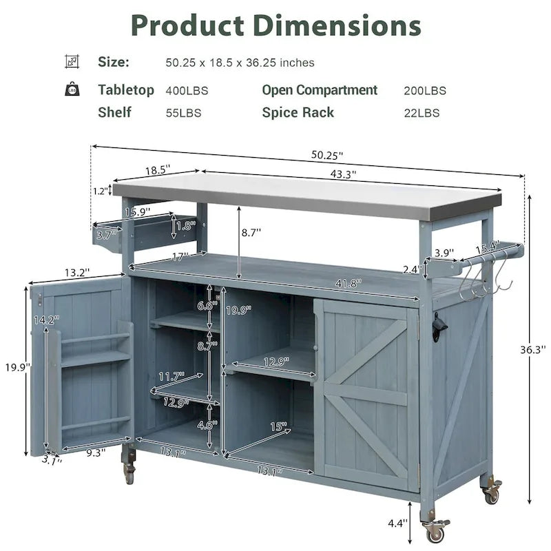 Outdoor kitchen island with rolling cart and stainless top