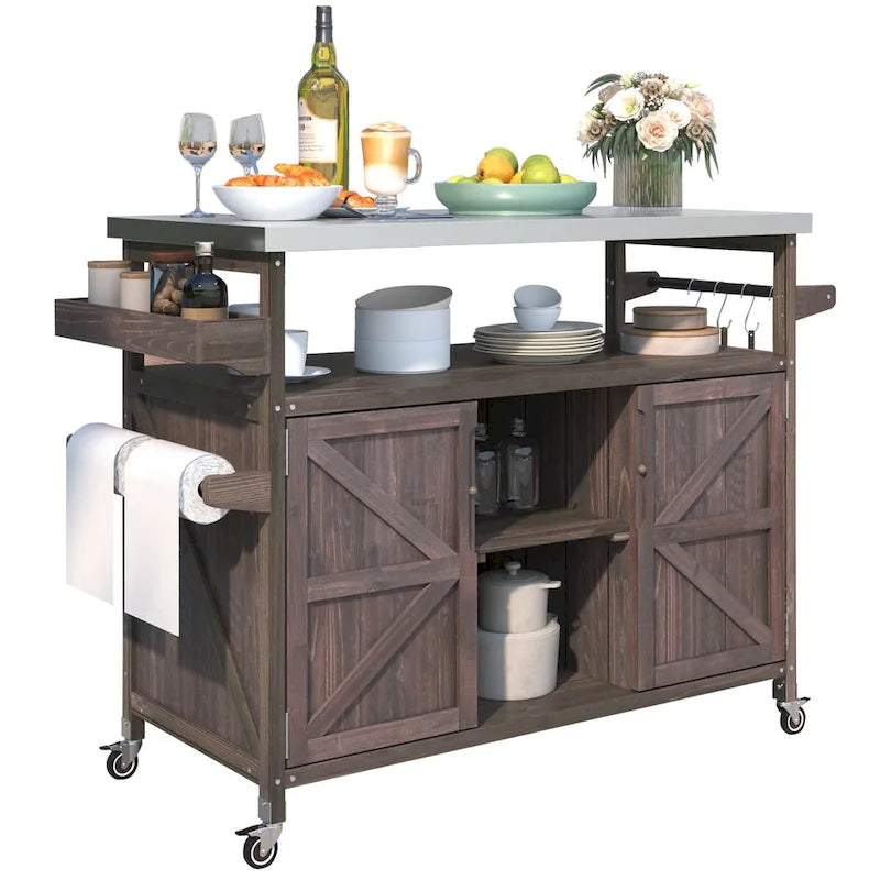Outdoor kitchen island with rolling cart and stainless top
