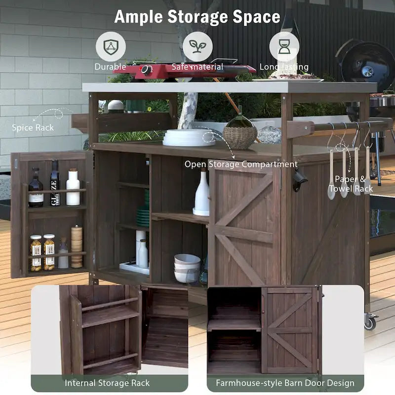 Outdoor kitchen island with rolling cart and stainless top