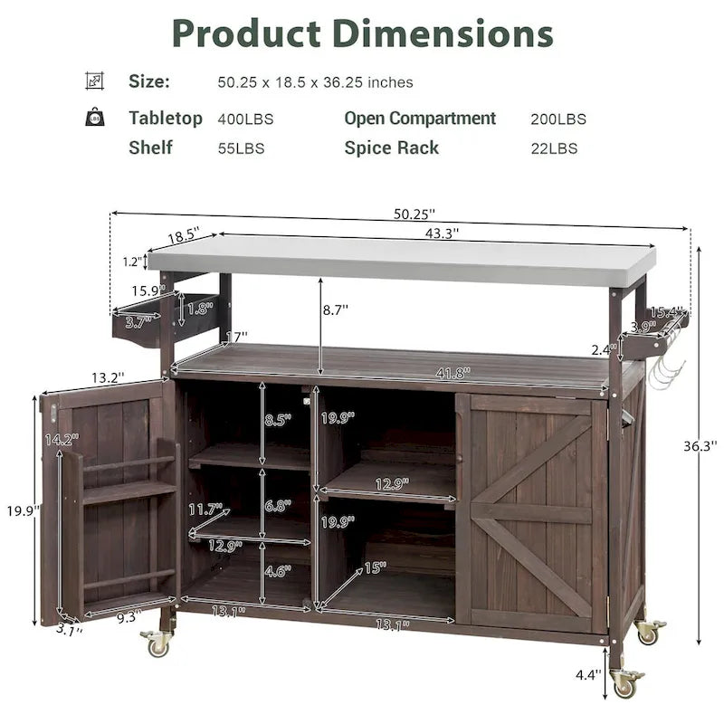 Outdoor kitchen island with rolling cart and stainless top