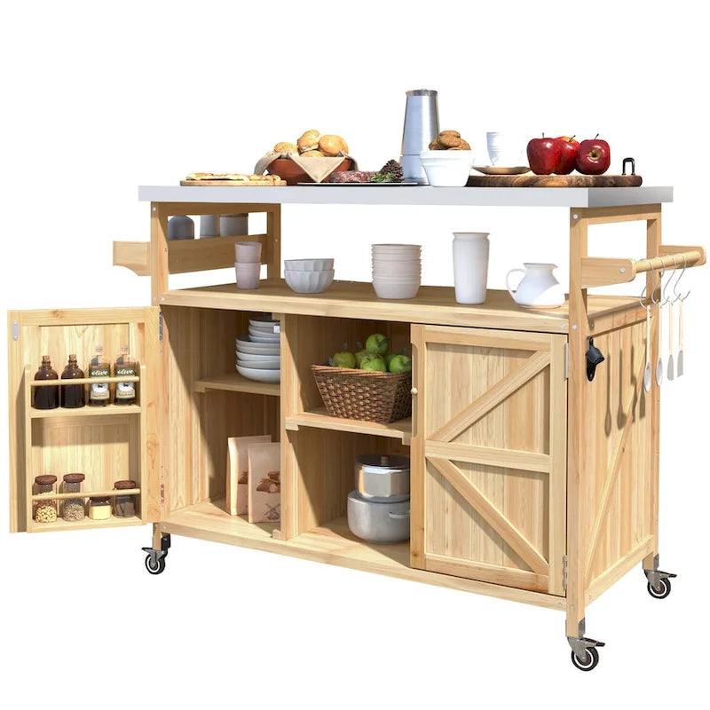 Outdoor kitchen island with rolling cart and stainless top