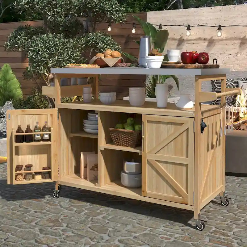 Outdoor kitchen island with rolling cart and stainless top