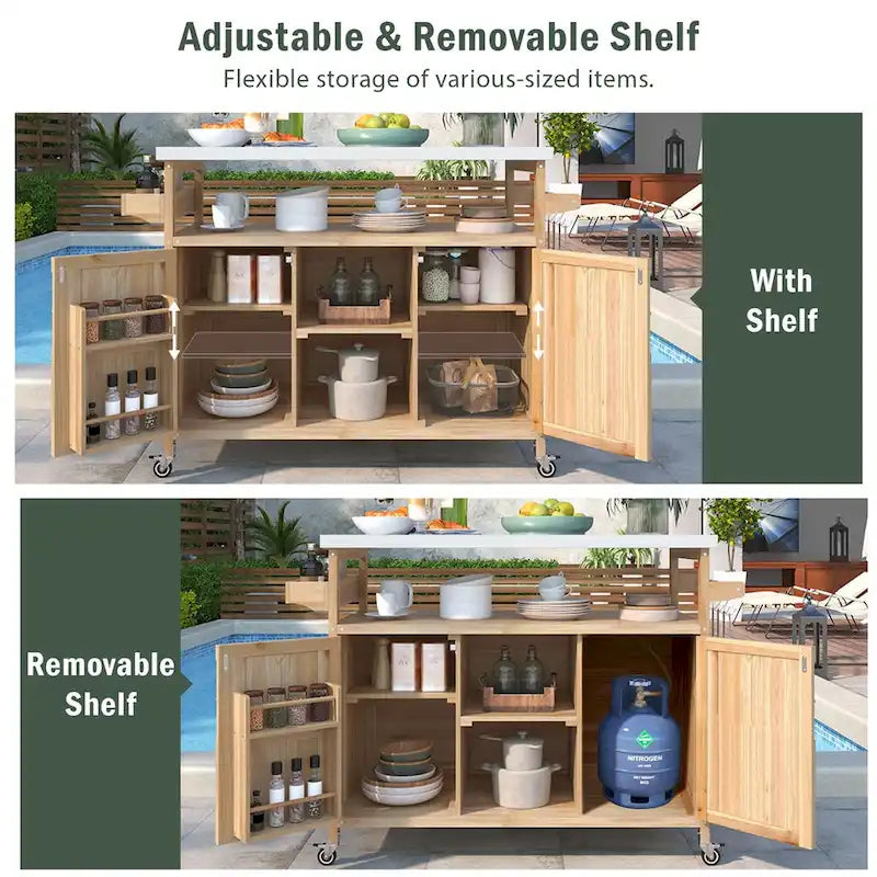 Outdoor kitchen island with rolling cart and stainless top