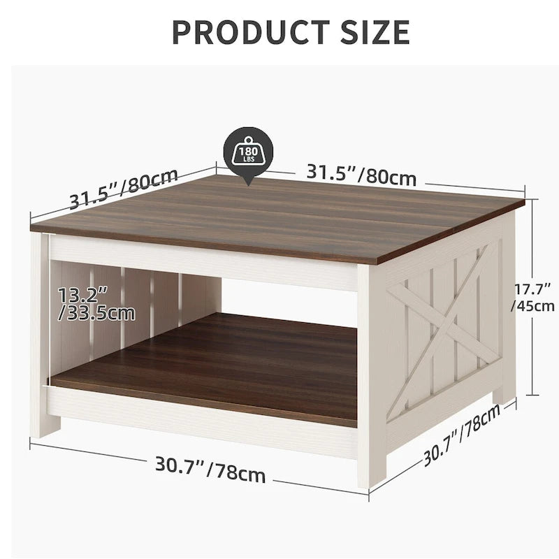 Farmhouse Coffee Table with Storage for Living Room Square Center Table