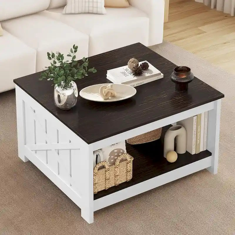 Farmhouse Coffee Table with Storage for Living Room Square Center Table