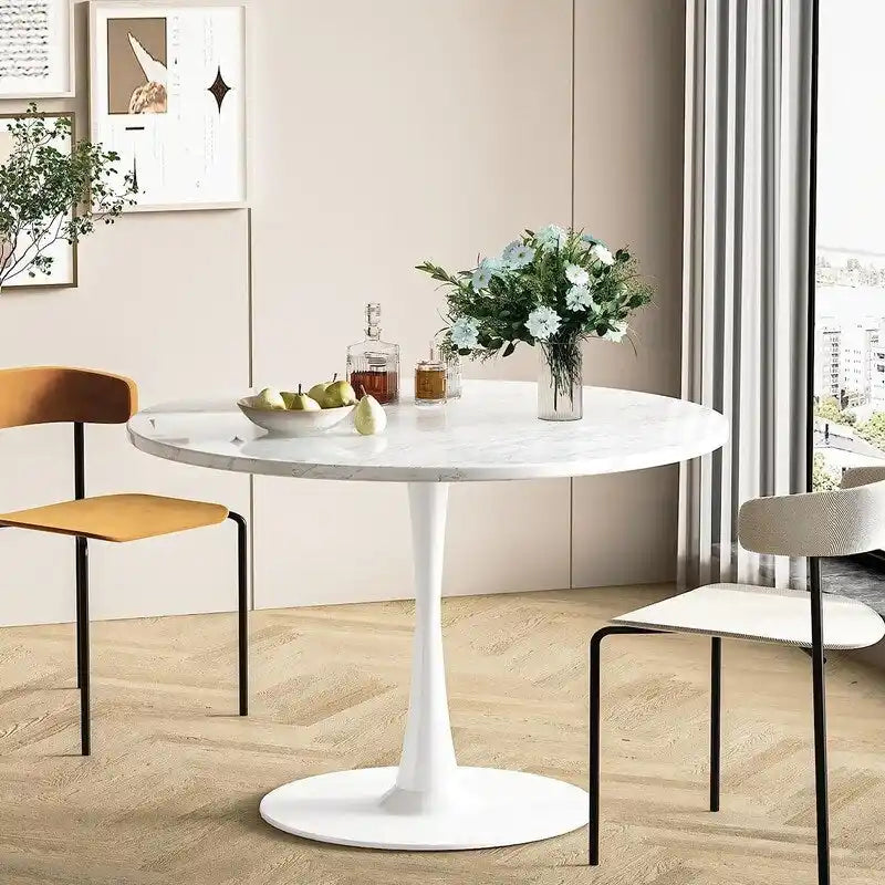 Mid-Century Modern Round Kitchen or Dining Table with Premium Top and Pedestal Base for Dining Room