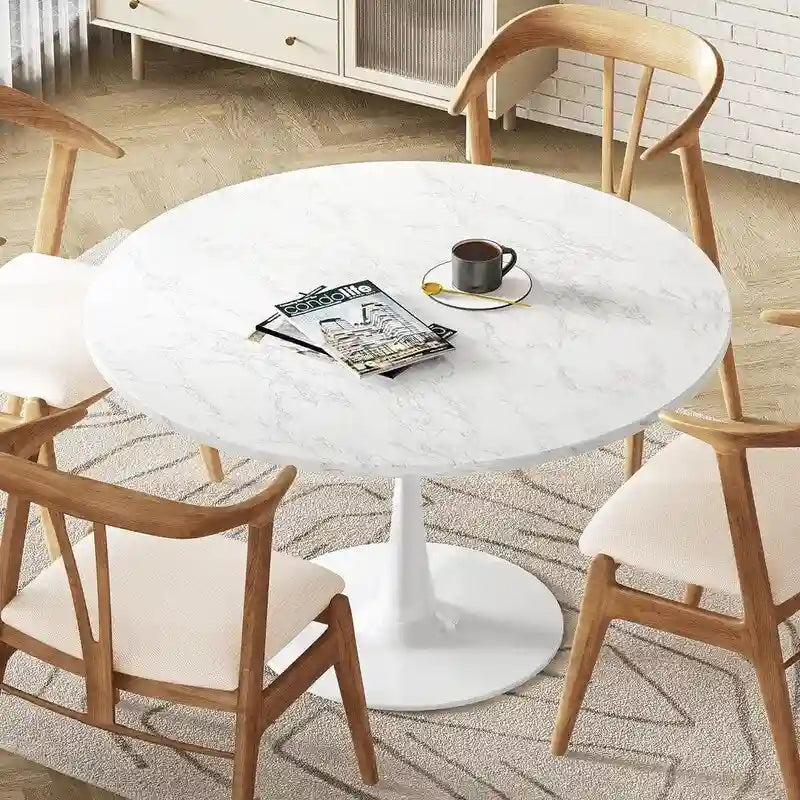 Mid-Century Modern Round Kitchen or Dining Table with Premium Top and Pedestal Base for Dining Room