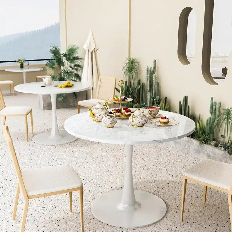 Mid-Century Modern Round Kitchen or Dining Table with Premium Top and Pedestal Base for Dining Room