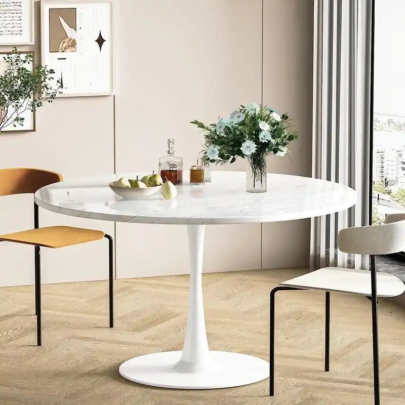 Mid-Century Modern Round Kitchen or Dining Table with Premium Top and Pedestal Base for Dining Room