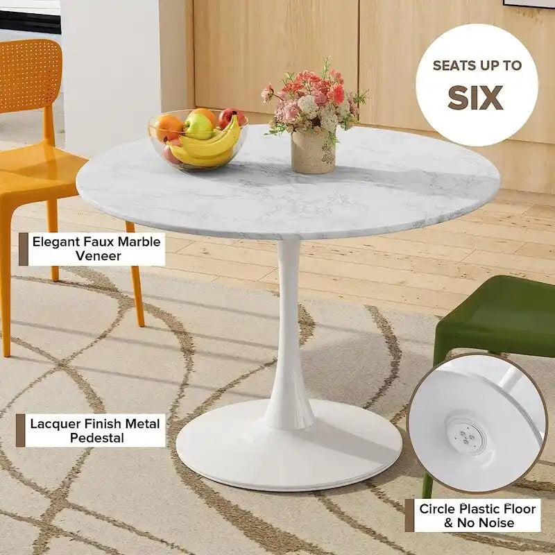 Mid-Century Modern Round Kitchen or Dining Table with Premium Top and Pedestal Base for Dining Room