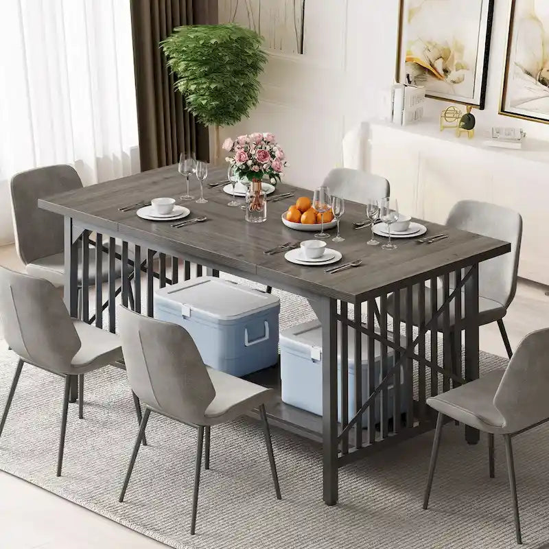 70-Inch Large Kitchen Dining Table for 6-8 People, Farmhouse Industrial Kitchen Table with Storage Shelf